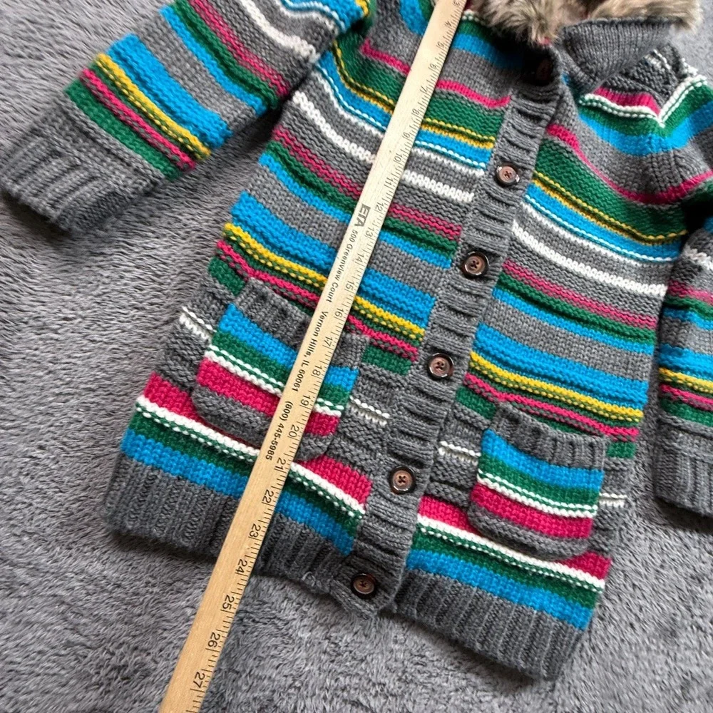 Hanna Andersson 130 Kids Striped Cardigan Faux Fur Collar Wool Blend Jacket - Picture 6 of 6
